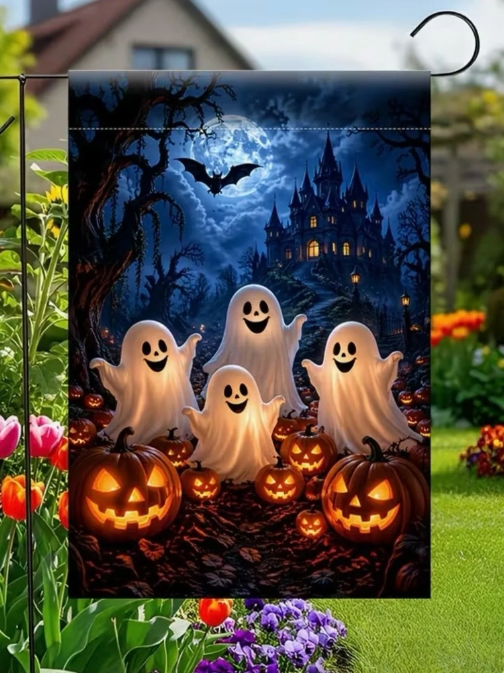 Halloween Cute Ghosts & Jack-O'-Lantern Garden Flag Spooky Night Haunted House